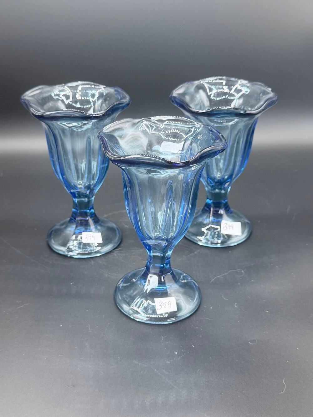 Vintage Anchor Hocking Blue Tulip Sundae Glasses Fountainware Set of 3